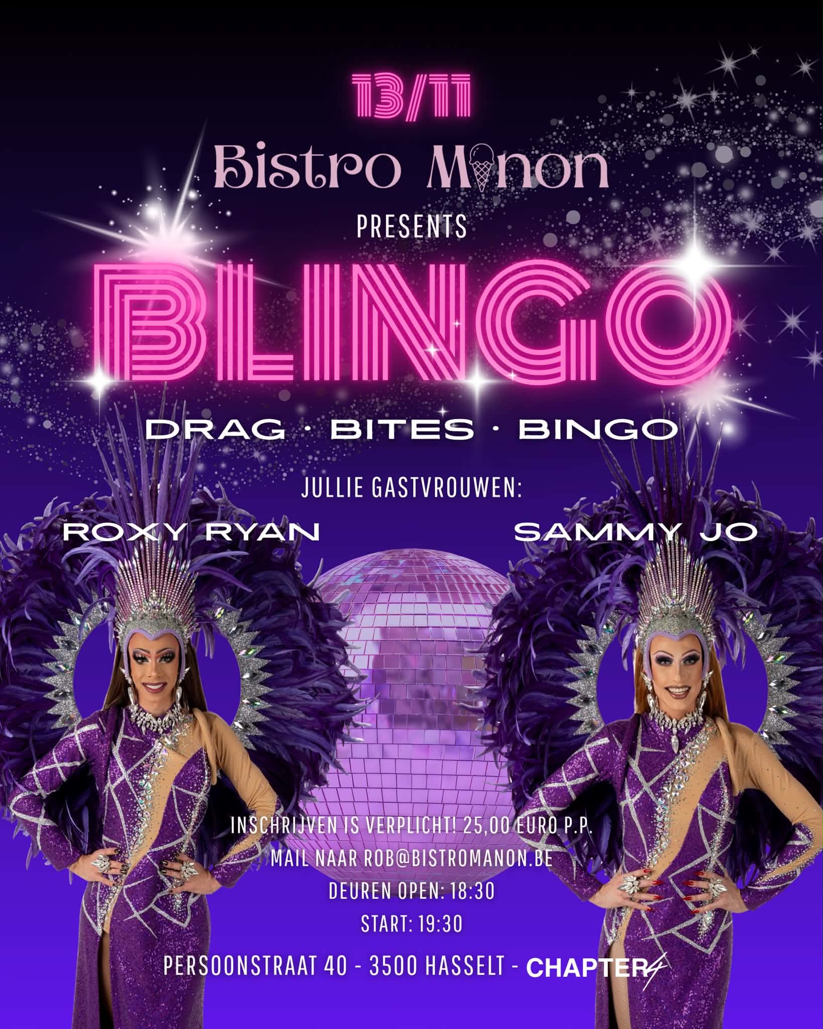 Flyer Blingo bij Bistro Manon met Roxy Ryan en Sammy Jo
