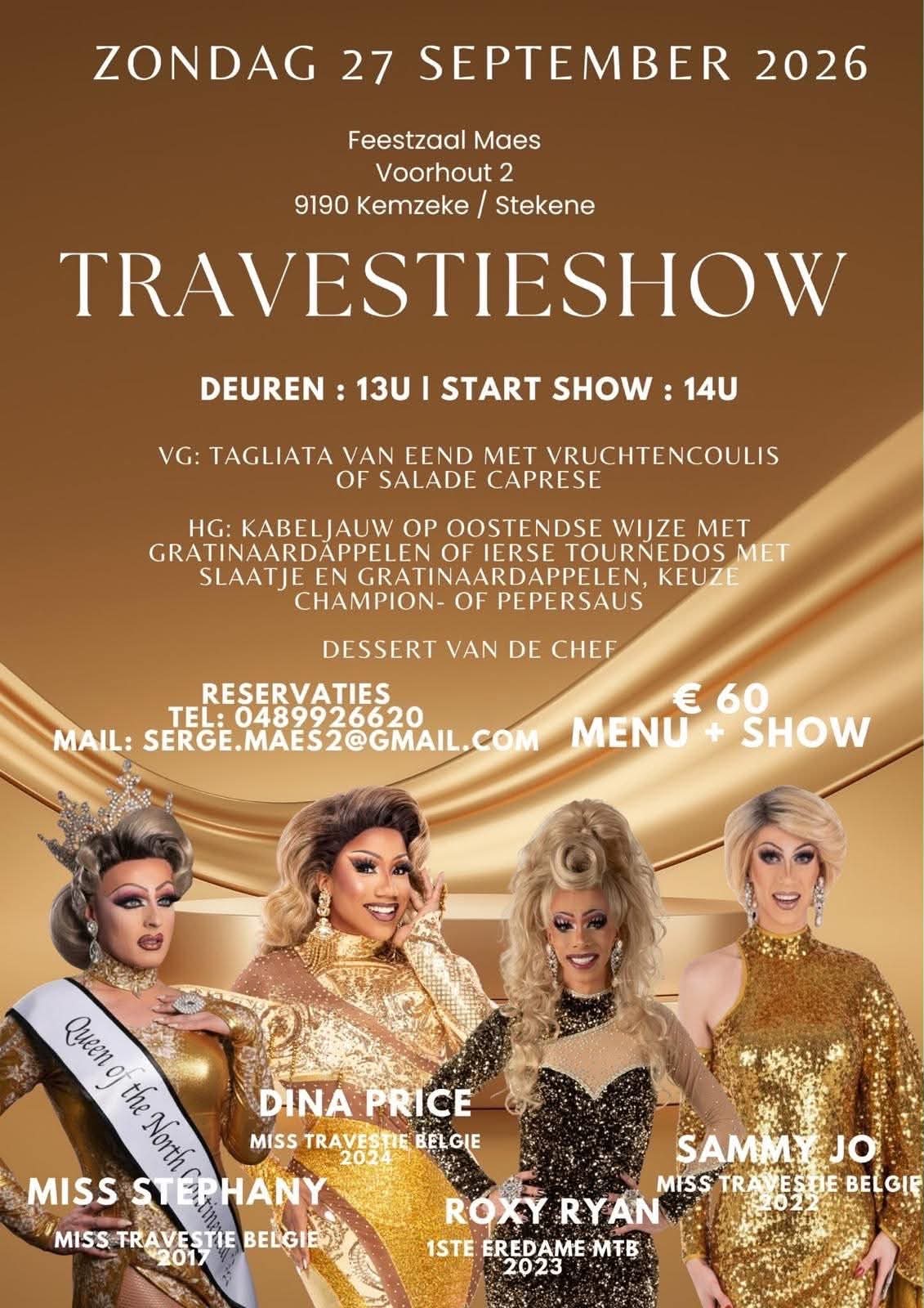 Flyer Travestieshow bij Feestzaal Maes met Miss Stephany, Dina Price, Roxy Ryan en Sammy Jo