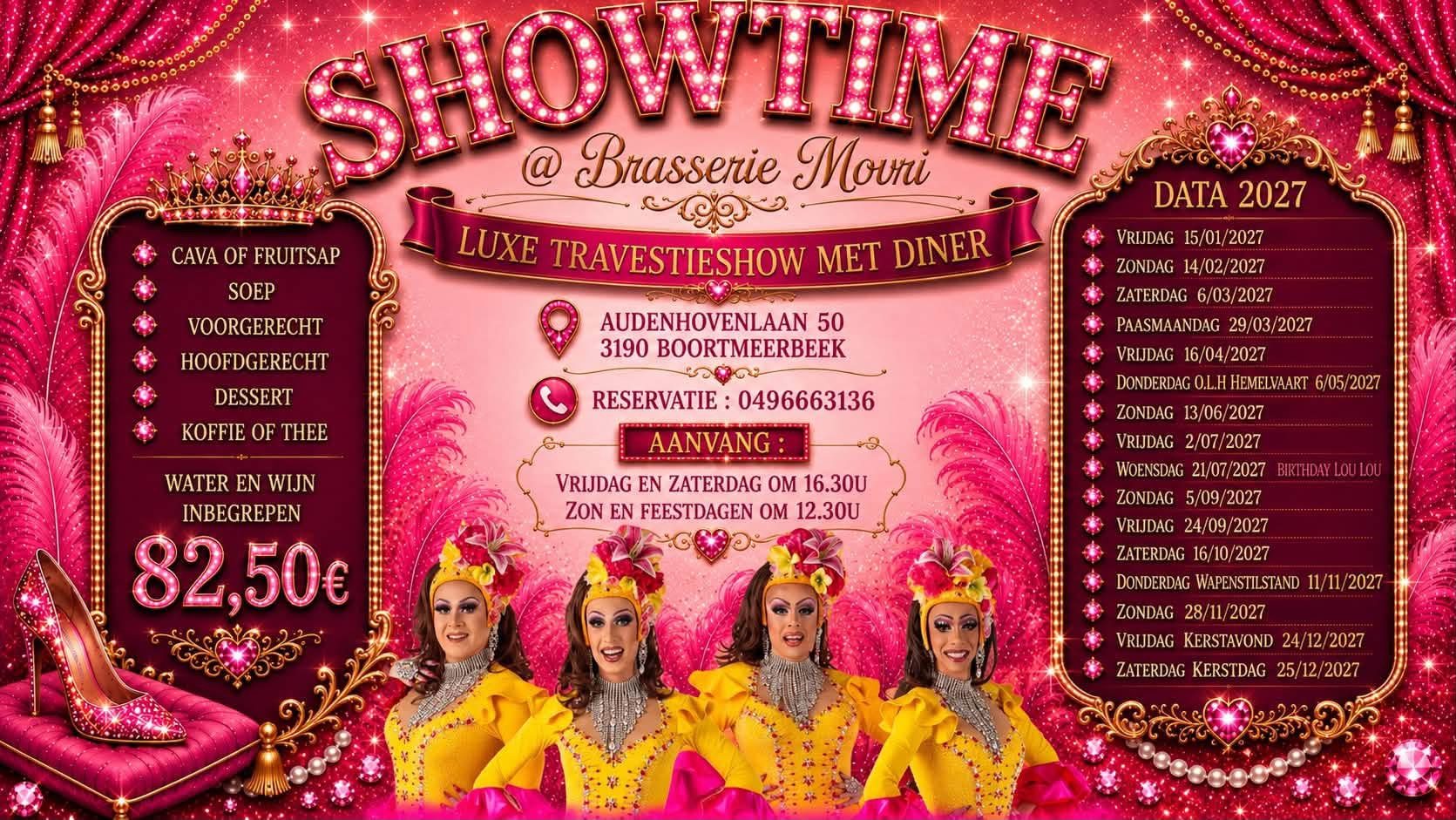 Flyer Showtime bij Brasserie Movri met menu en alle data 2027, achterkant