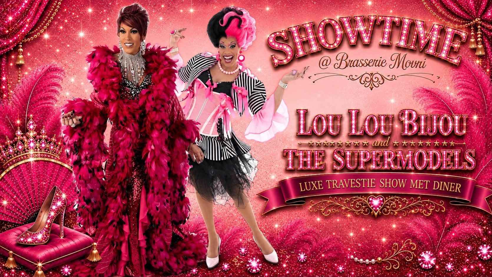 Flyer Showtime bij Brasserie Movri met Lou Lou Bijou and The Supermodels, voorkant